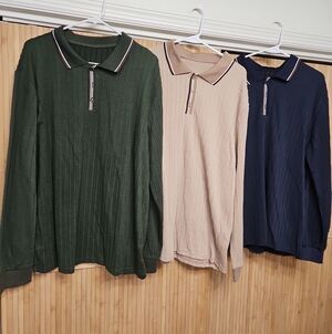 Men's Long-Sleeve Knitted Polo Shirt - Green, Taupe, Navy